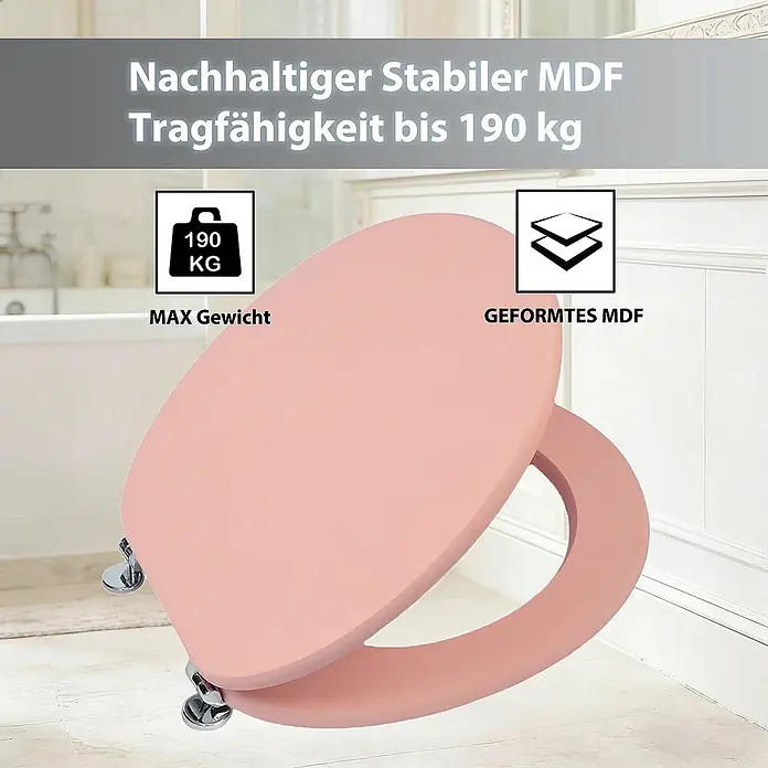 SAINOS WC-Sitz aus MDF, Uni Rosa, Universal-O-Form, Absenkautomatik - Soft-Close - Rosa Toilettensitz aus stabilem, nachhaltigem geformtem MDF, belastbar bis 190 kg.