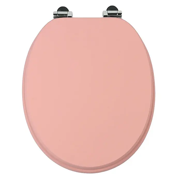 SAINOS WC-Sitz aus MDF, Uni Rosa, Universal-O-Form, Absenkautomatik - Soft-Close - Rosafarbener ovaler Toilettensitz mit Chromscharnieren.
