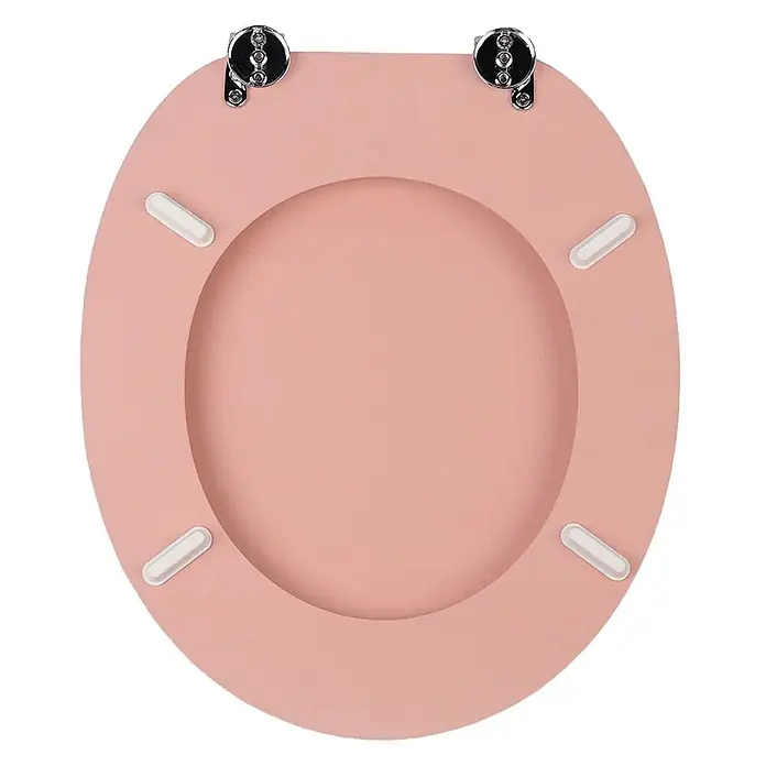 SAINOS WC-Sitz aus MDF, Uni Rosa, Universal-O-Form, Absenkautomatik - Soft-Close - Rosa Toilettensitz mit Chromscharnieren und vier weißen Gummi-Puffern an der Unterseite.