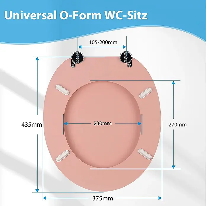 SAINOS WC-Sitz aus MDF, Uni Rosa, Universal-O-Form, Absenkautomatik - Soft-Close - Rosa O-Form WC-Sitz mit angezeigten Universal-Maßen.