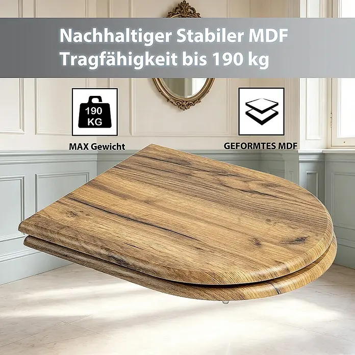 SAINOS WC-Sitz aus MDF, Braun Holzoptik, Universal-D-Form, Absenkautomatik - Soft-Close