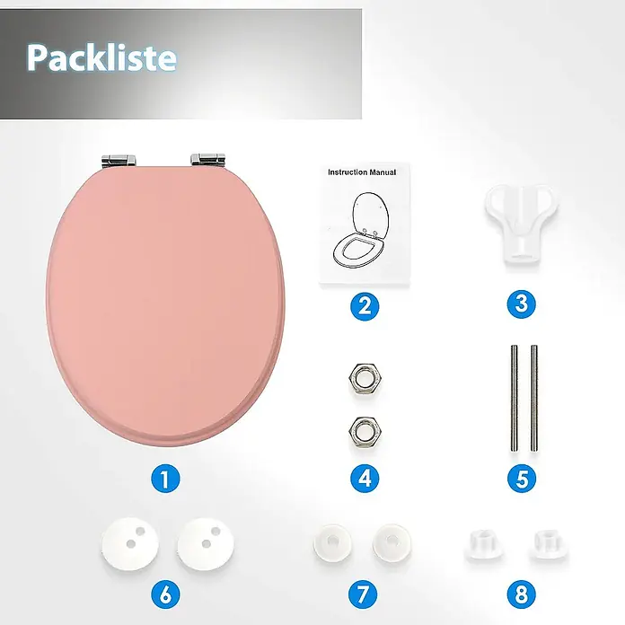 SAINOS WC-Sitz aus MDF, Uni Rosa, Universal-O-Form, Absenkautomatik - Soft-Close - Rosafarbener Toilettensitz mit Chromscharnieren, einer Bedienungsanleitung und verschiedenen Montageteilen zur Montage.