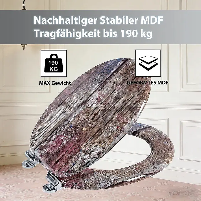 SAINOS WC-Sitz aus MDF, Braun Holzoptik, Universal-O-Form, Absenkautomatik - Soft-Close - Formgepresster MDF-Toilettensitz in rustikaler Holzoptik mit Chromscharnieren, bis 190 kg belastbar.