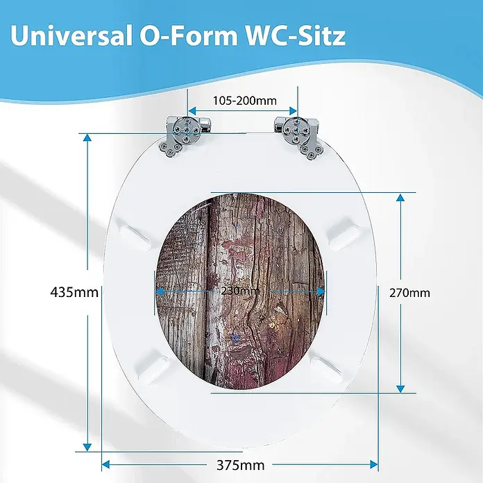 SAINOS WC-Sitz aus MDF, Braun Holzoptik, Universal-O-Form, Absenkautomatik - Soft-Close - Weißer O-Form WC-Sitz mit Abmessungen.