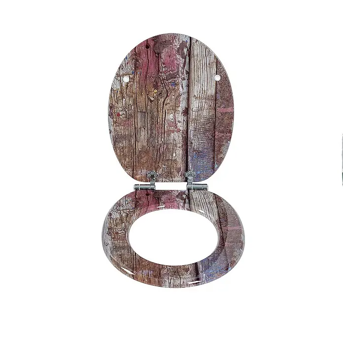 SAINOS WC-Sitz aus MDF, Braun Holzoptik, Universal-O-Form, Absenkautomatik - Soft-Close - Toilettensitz mit rustikalem Holzdesign und Farbspritzern, Deckel und Brille geöffnet. Zeigt distressed Textur.