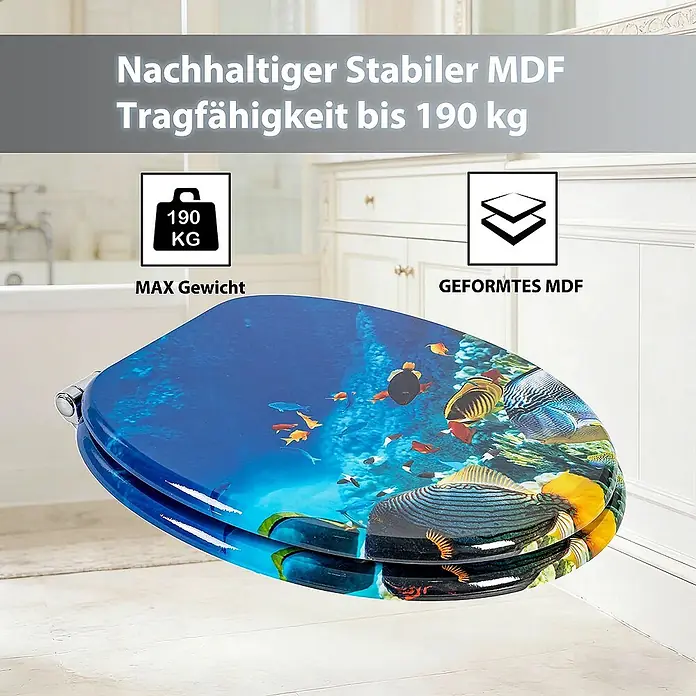 SAINOS WC-Sitz aus MDF, Blau Tiere, Universal-O-Form, Absenkautomatik - Soft-Close