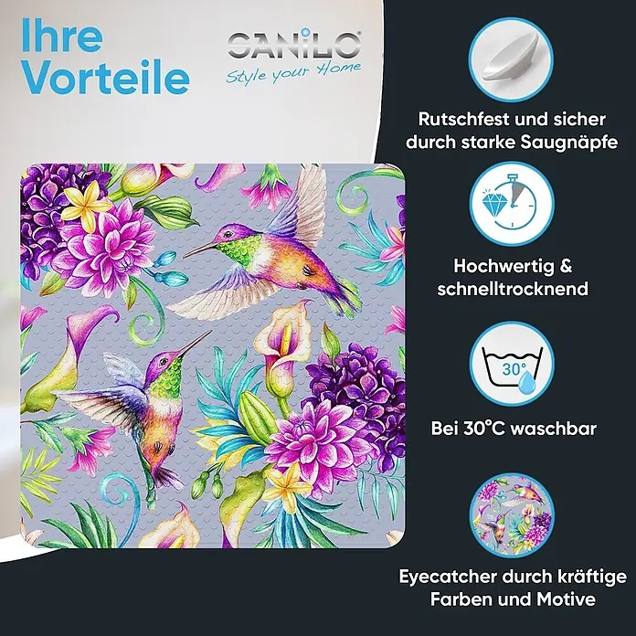 Badematte Kolibri -  - Rechteckige Badematte mit farbenfrohem Kolibri- und Blumenmuster, rutschfest dank Saugnäpfen, schnelltrocknend und waschbar.