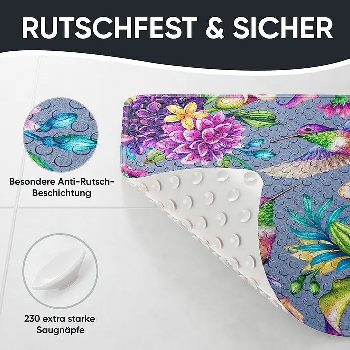 Badematte Kolibri -  - Rutschfeste Badematte mit Kolibri- und Blumenmuster. Besonderes Anti-Rutsch-Design mit 230 extra starken Saugnäpfen für sicheren Halt.