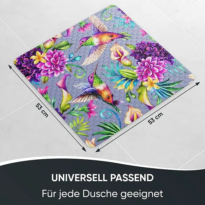 Badematte Kolibri -  - Quadratische Duschmatte, 53x53 cm, mit bunten Kolibris und Blumen auf hellgrauer Anti-Rutsch-Oberfläche.