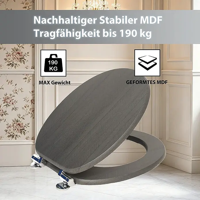 SAINOS WC-Sitz aus MDF, Grau Holzoptik, Universal-O-Form, Absenkautomatik - Soft-Close