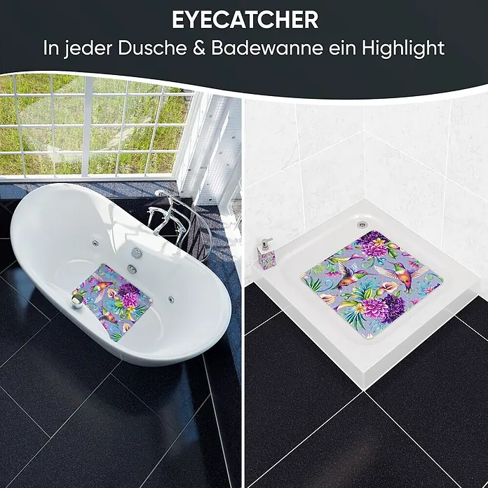 Badematte Kolibri -  - Lila Badematte mit bunten Kolibri- und Blumenmotiven, gezeigt in Badewanne und Dusche für Sicherheit und Stil.