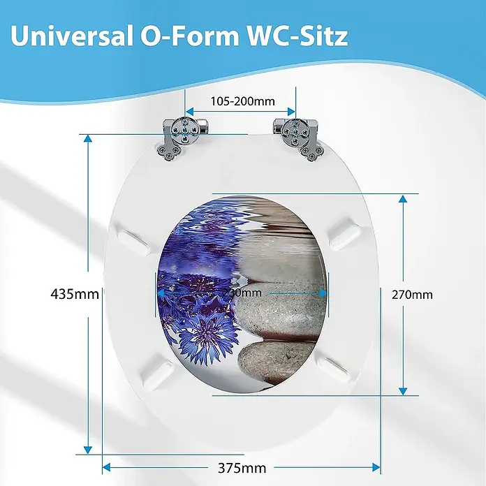 SAINOS WC-Sitz aus MDF, Blumen Zen Design, Universal-O-Form, Absenkautomatik - Soft-Close - Weißer universeller O-Form WC-Sitz mit Dekorprint, zeigt Maße für Länge, Breite und Scharnierabstand.