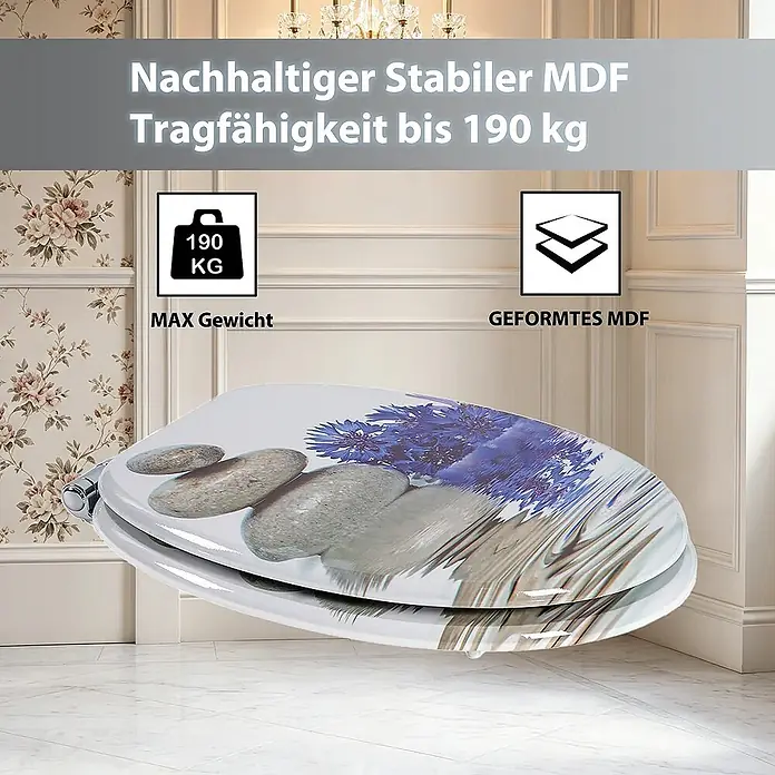 SAINOS WC-Sitz aus MDF, Blumen Zen Design, Universal-O-Form, Absenkautomatik - Soft-Close - MDF Toilettensitz mit Stein- und Blau-Blumen-Design, belastbar bis 190 kg.
