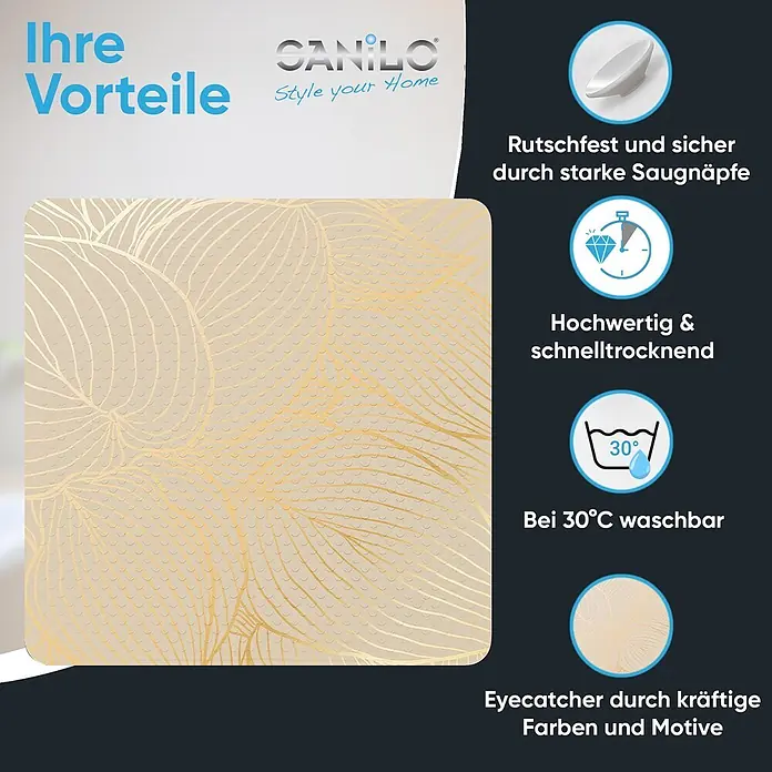 Badematte Hosta -  - Beige Badematte mit elegantem goldenem Blattmuster, rutschfesten Saugnäpfen und schnelltrocknend.