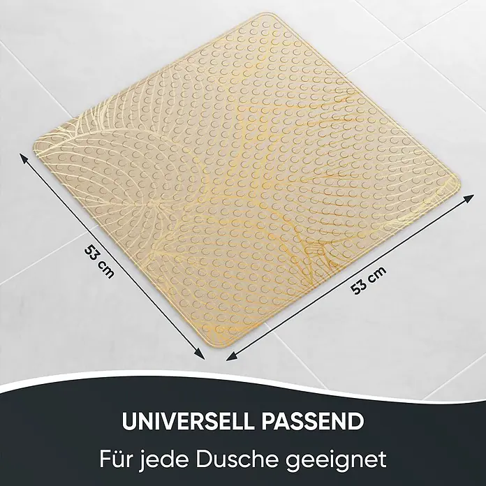 Badematte Hosta -  - Beige-goldene 53x53 cm quadratische Duschmatte mit runder Anti-Rutsch-Textur und Blattmuster, passend für jede Dusche.