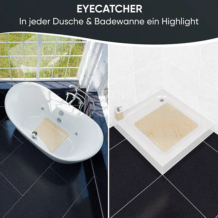 Badematte Hosta -  - Goldene Antirutschmatte mit Zierornament, eingesetzt in Badewanne und Dusche.