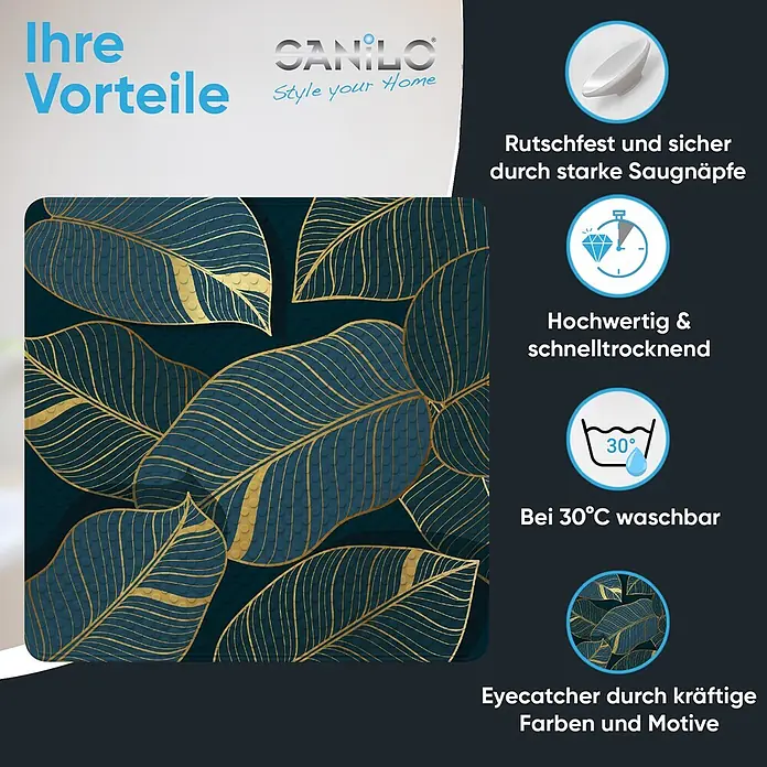 Badematte Monstera -  - Dunkelblaue Badematte mit goldenen Blattmustern, rutschfest.