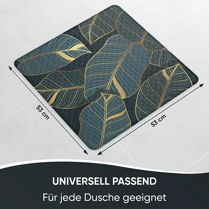 Badematte Monstera -  - Quadratische Duschmatte in Blaugrün mit goldenem Blattmuster, 53x53 cm, strukturierte Oberfläche.