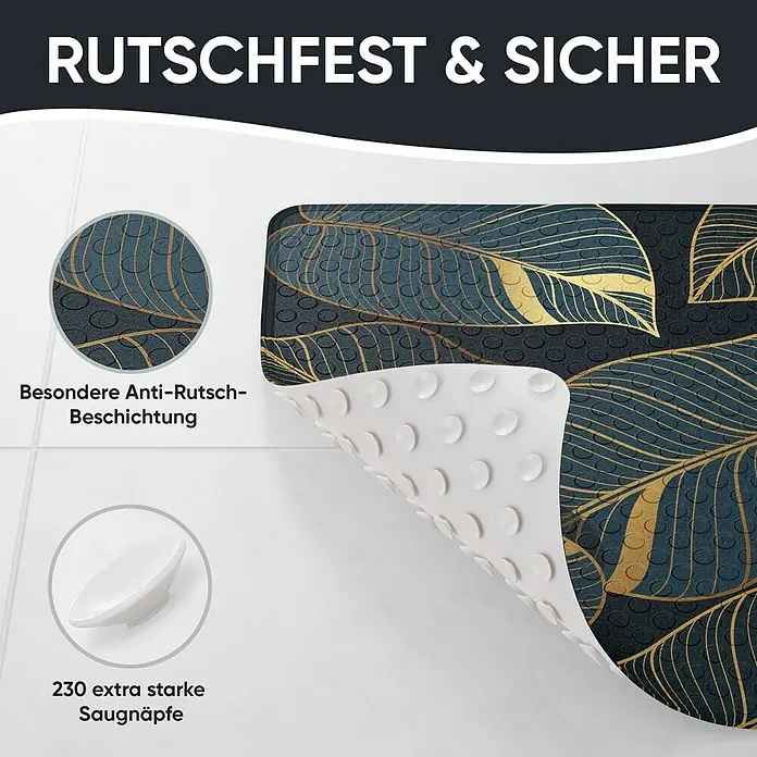 Badematte Monstera -  - Rutschfeste Badewannenmatte in Dunkelblau mit goldenem Blattmuster und 230 Saugnäpfen für sicheren Halt.