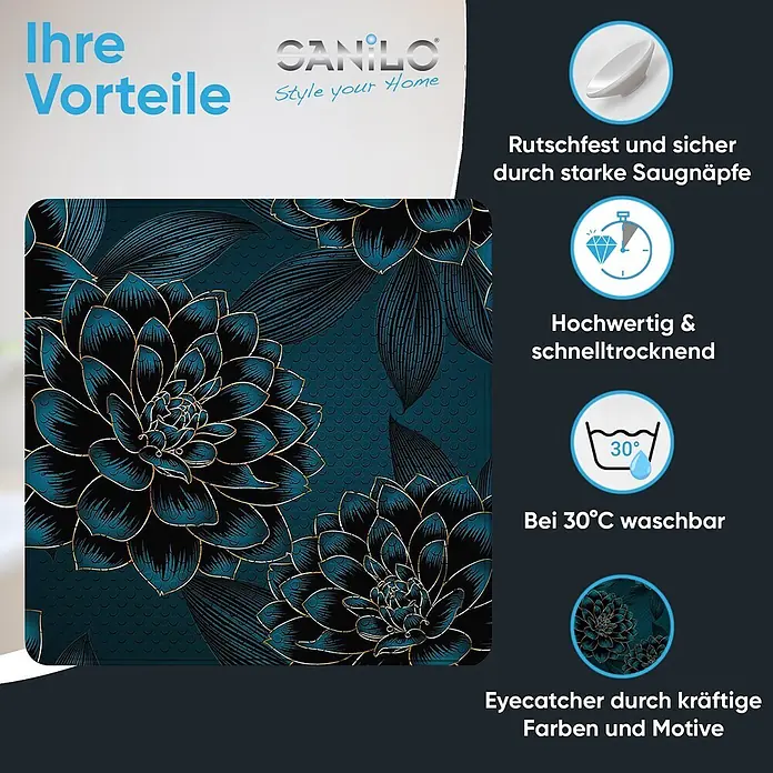 Badematte Dahlien -  - Dunkelblaue Matte mit elegantem gold-umrandeten Blumenmuster.