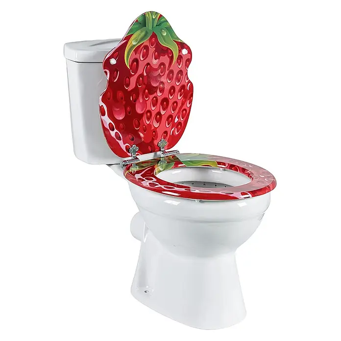 SAINOS WC-Sitz MDF Erdbeer O-Form mit Absenkautomatik Bottomfix 190 kg -  - Weiße Keramiktoilette mit leuchtend rotem Erdbeer-Toilettensitz und -deckel, teilweise geöffnet.