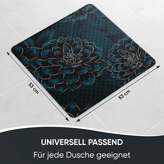 Badematte Dahlien -  - Quadratische dunkelblaue Badematte mit goldenen Blumenmustern und strukturierter Oberfläche, 53x53 cm.