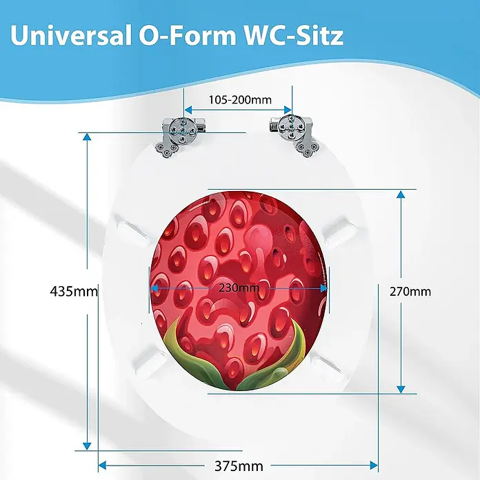 SAINOS WC-Sitz MDF Erdbeer O-Form mit Absenkautomatik Bottomfix 190 kg -  - Universeller O-Form WC-Sitz mit Erdbeer-Design und verstellbaren Scharnieren. Maße: 435x375mm.