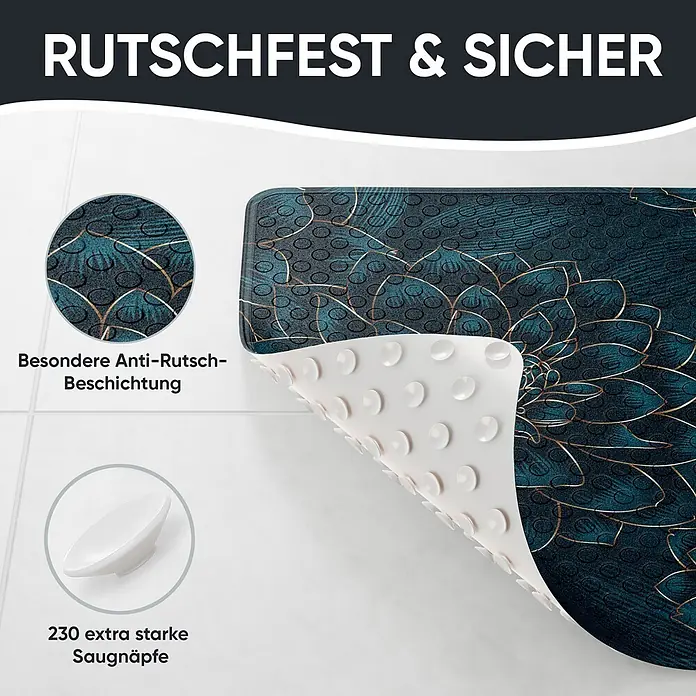 Badematte Dahlien -  - Dunkelblaue Badematte mit goldenem Blumenmuster, zeigt die rutschfeste Oberfläche und Saugnäpfe auf der Unterseite.