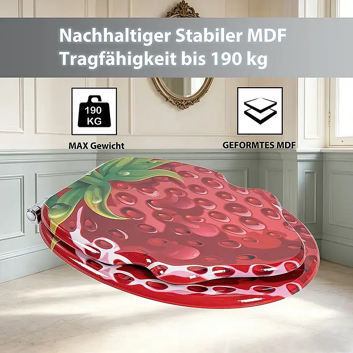 SAINOS WC-Sitz MDF Erdbeer O-Form mit Absenkautomatik Bottomfix 190 kg -  - Erdbeer-Toilettensitz aus stabilem MDF, belastbar bis 190 kg.