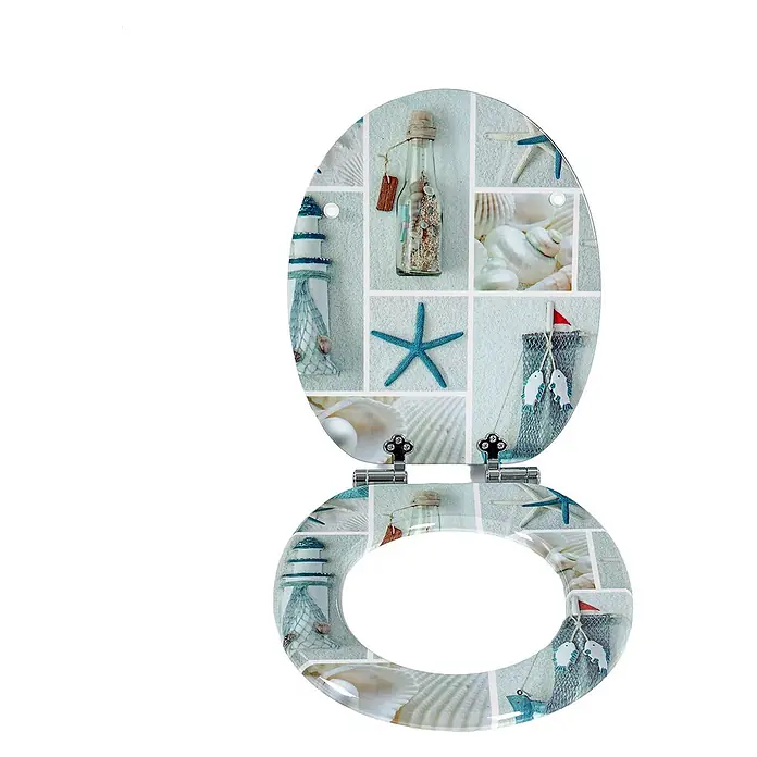 SAINOS WC-Sitz aus MDF, Grün, Universal-O-Form, Absenkautomatik - Soft-Close - Toilettensitz mit Meeresmotiv-Collage: Leuchtturm, Seesterne, Muscheln, Flaschenpost und Fischernetz.