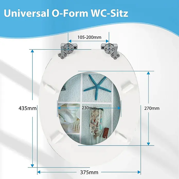 SAINOS WC-Sitz aus MDF, Grün, Universal-O-Form, Absenkautomatik - Soft-Close - Weißer, universaler O-Form WC-Sitz mit dekorativem transparentem Einsatz, Seestern und Muscheln, inklusive Maßen.