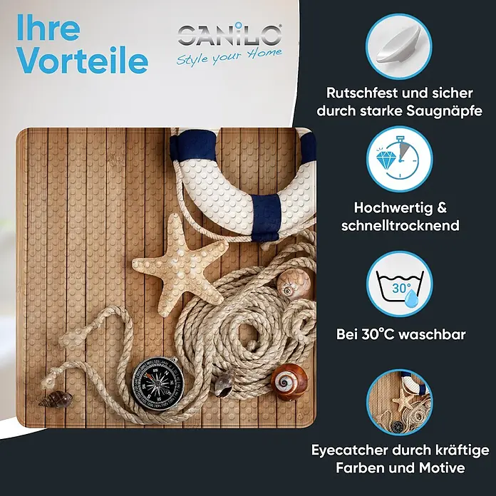 Badematte Maritime -  - Rutschfeste Badematte mit nautischem Design (Seestern, Seil, Rettungsring, Kompass) auf Holztextur, schnelltrocknend und waschbar.