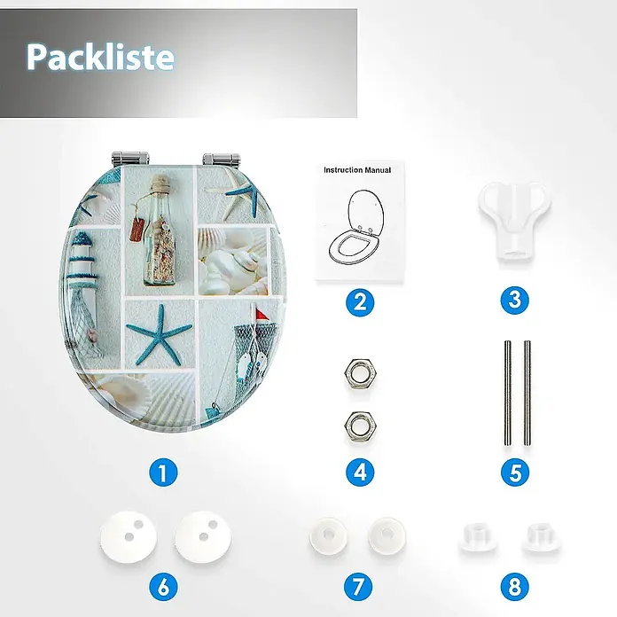 SAINOS WC-Sitz aus MDF, Grün, Universal-O-Form, Absenkautomatik - Soft-Close - Dekorativer Toilettensitz mit Meeresmotiv und komplettem Installationszubehör, inklusive Anleitung und verschiedenen Beschlägen.