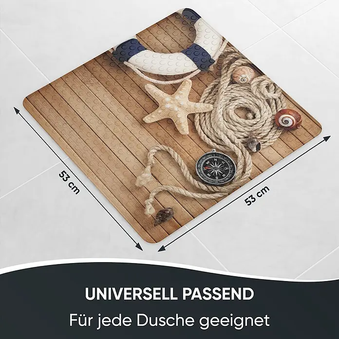Badematte Maritime -  - Quadratische Duschmatte im maritimen Design, 53x53 cm, mit Holzoptik, Rettungsring, Seil, Seestern, Kompass und Muscheln.