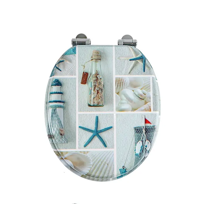 SAINOS WC-Sitz aus MDF, Grün, Universal-O-Form, Absenkautomatik - Soft-Close - Toilettensitz mit Strand- und Nautik-Collage-Design, mit Flaschenpost, Seesternen, Muscheln, Leuchtturm und Fischernetz.