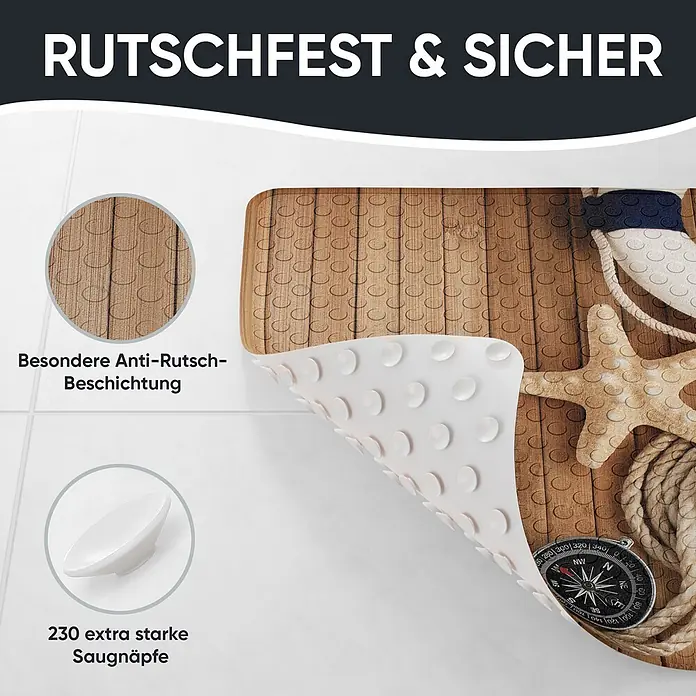 Badematte Maritime -  - Rutschfeste Badematte in Holzoptik mit nautischem Design und starken Saugnäpfen auf der Unterseite.