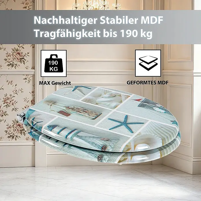 SAINOS WC-Sitz aus MDF, Grün, Universal-O-Form, Absenkautomatik - Soft-Close - Ein strapazierfähiger MDF-Toilettensitz mit glänzender Oberfläche und einem Collage-Design aus Muscheln, Seesternen und einer Flaschenpost. Tragfähigkeit bis 190 kg.