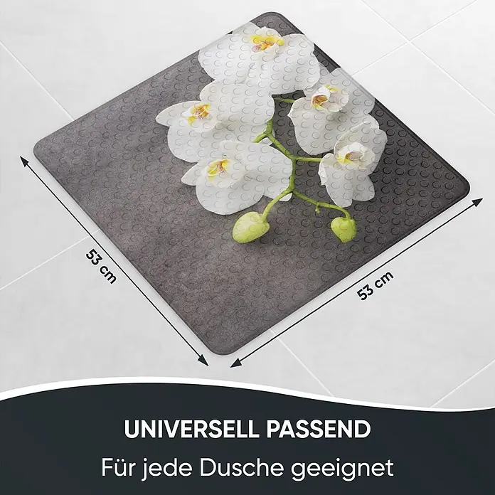 Badematte Pretty -  - Dunkelgraue quadratische Badematte mit texturierter Oberfläche, 53x53 cm, verziert mit weißen Orchideen, passend für jede Dusche.