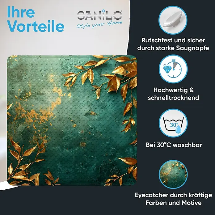 Badematte Greego -  - Türkis-goldene Badematte mit künstlerischem Blattmuster und rutschfesten Saugnäpfen. Schnelltrocknend und bei 30°C waschbar.