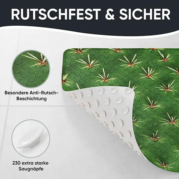 Badematte Kaktus -  - Grüne Badematte mit Kaktusmuster, zeigt ihre rutschfeste Oberfläche und Unterseite mit vielen starken Saugnäpfen.