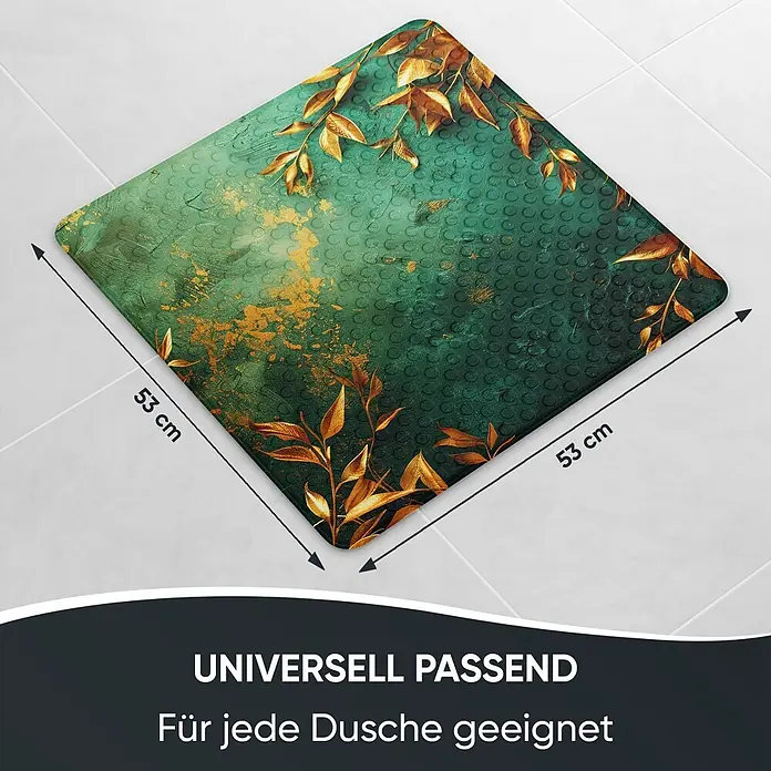Badematte Greego -  - Grüner, quadratischer Duschmatte, 53x53 cm, mit goldenem Blattmuster und strukturierter Oberfläche, passend für jede Dusche.
