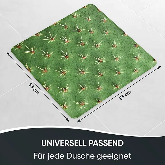 Badematte Kaktus -  - Quadratische grüne Badematte mit stacheligem Kaktusmuster, 53x53 cm.