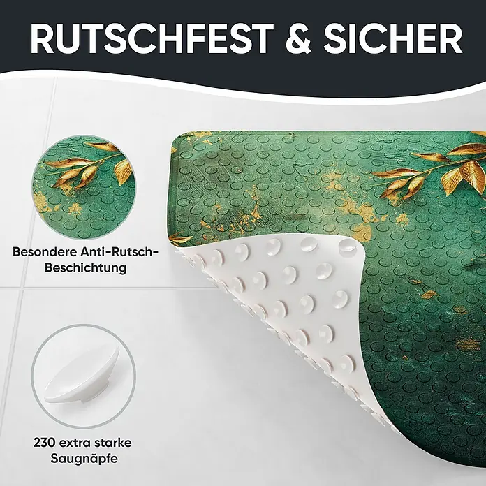 Badematte Greego -  - Grüne Badematte mit goldenem Blättermuster, rutschfester Beschichtung und Saugnäpfen für sicheren Halt.