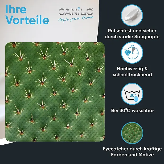 Badematte Kaktus -  - Grüne Badematte mit Kaktusmuster, rutschfest durch Saugnäpfe und bei 30°C waschbar.