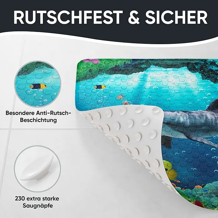 Badematte Delphin Korallen -  - Badematte mit Unterwasser-Design, rutschfester Oberfläche und Saugnäpfen auf der weißen Unterseite.