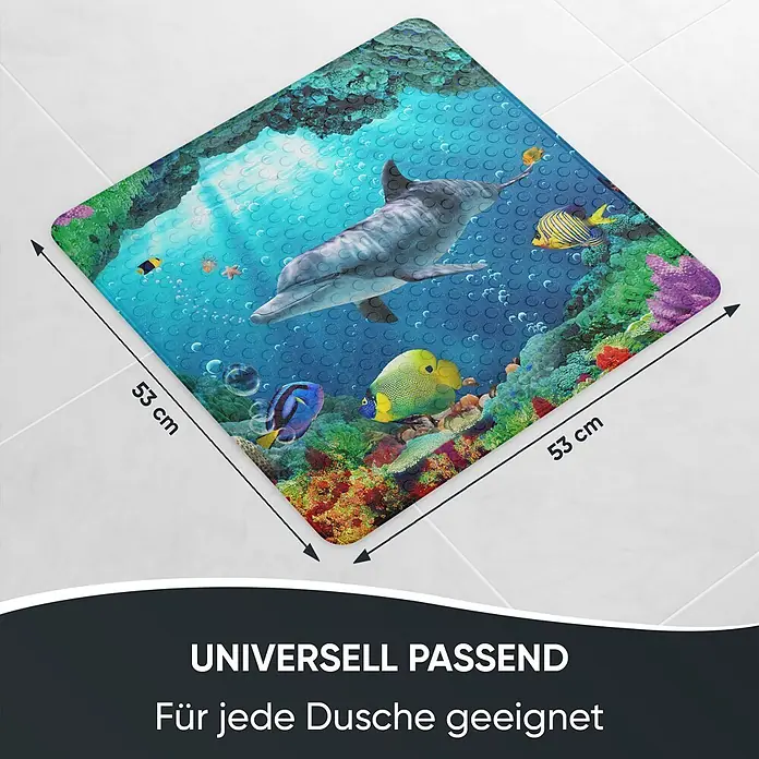 Badematte Delphin Korallen -  - Quadratische Badematte mit Unterwasser-Delfin- und Korallenriff-Design, 53x53 cm, passend für jede Dusche.