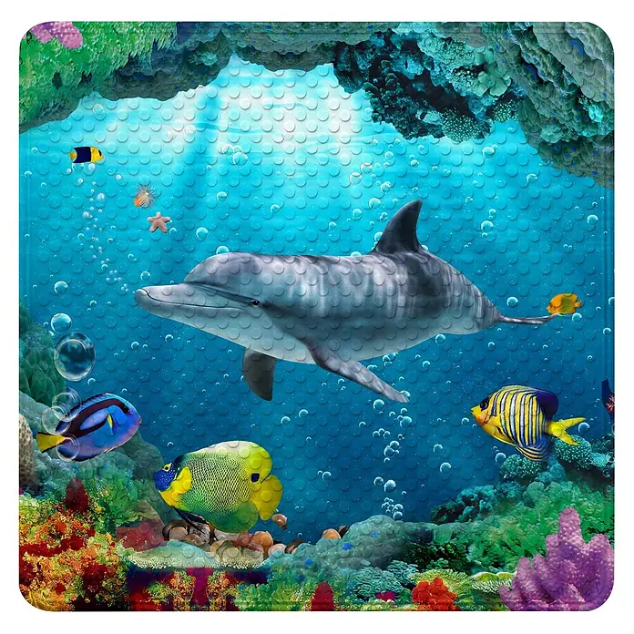 Badematte Delphin Korallen -  - Strukturierte Anti-Rutsch-Matte mit lebendiger Unterwasserszene, einem Delfin, bunten Fischen und Korallenriffen.