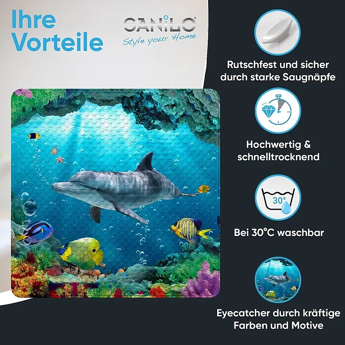 Badematte Delphin Korallen -  - Unterwasser-Badematte mit Delfin- und bunten Fischmotiven, rutschfest, schnelltrocknend und maschinenwaschbar.