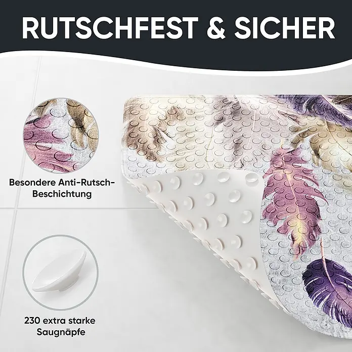 Badematte Federn -  - Rutschfeste Badematte mit Federndesign und 230 starken Saugnäpfen.