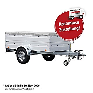 Anhänger Tieflader TL-EU3 Set mit Aufsatzwände und Flachplane (Nutzlast: 585 kg, Kasteninnenmaß: 243,5 x 123,5 x 34,5 cm, Ungebremst)